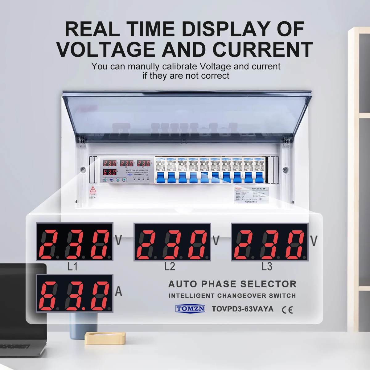 63A TOMZN 3 phase 3P+N Din rail phase selector adjustable Over and Under Voltage current protection Monitor Relays Protector