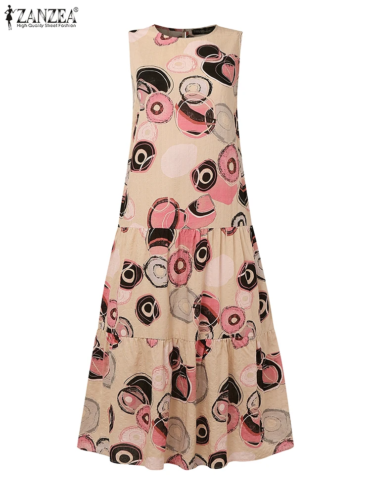 Zanzea algodão linho abstrato círculo impressão a linha vestido mulher verão moda o pescoço sem mangas em camadas roupões casuais midi vestidos