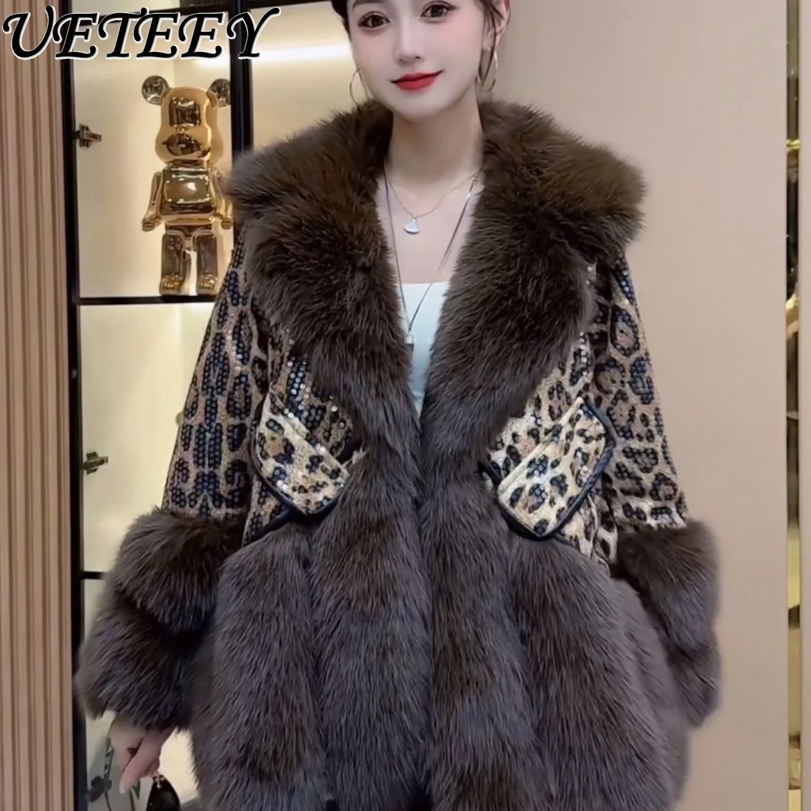 جديد المرأة ليوبارد طباعة الترتر فو الفراء معطف مع طية صدر السترة الكبيرة الشتاء أنيق الشباب موضة مبطن الدافئة الراقية سترة