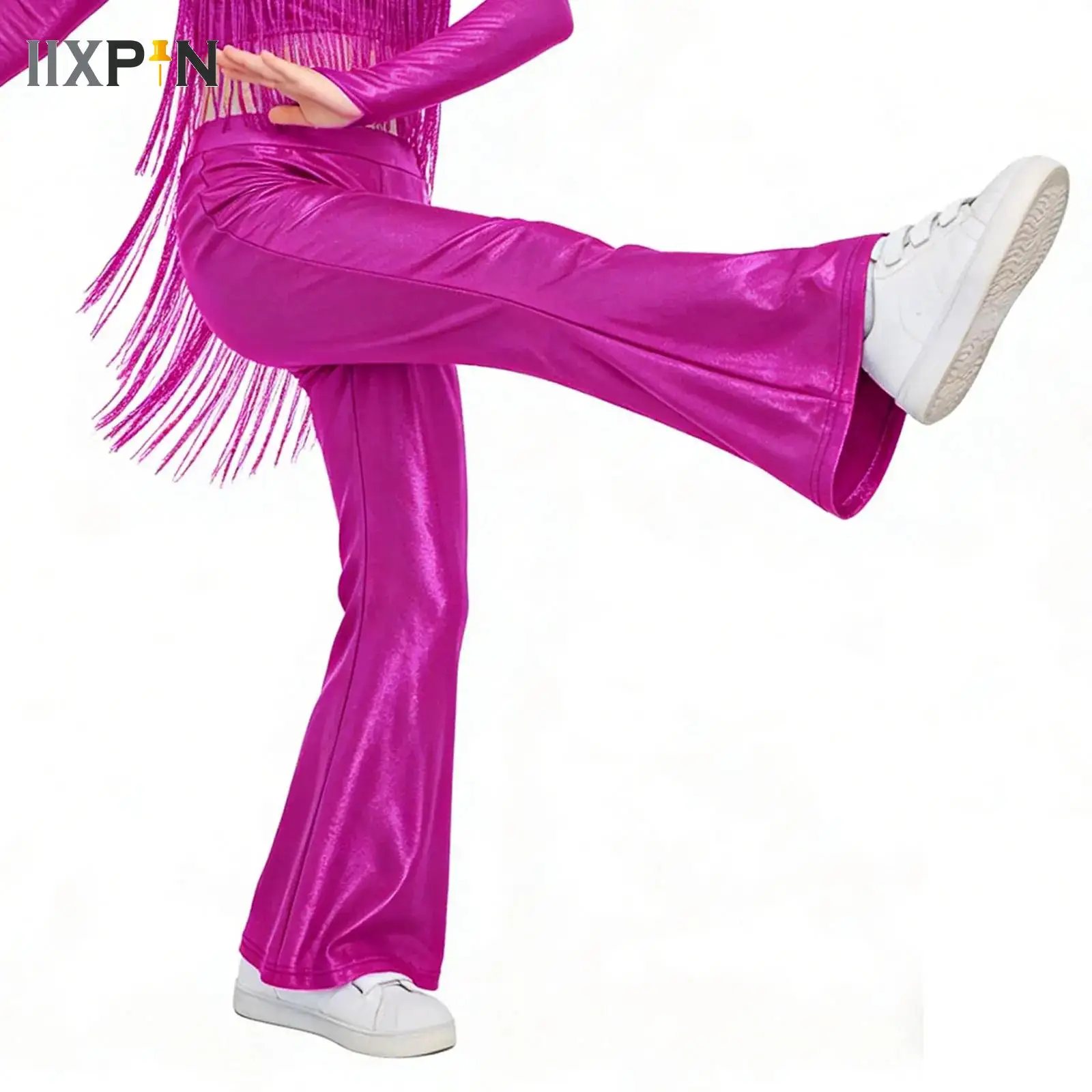 

Kids Girls Metallic Disco Music Festival Rave Outfits Sequin Tassels Flared Pants Teens Hip-Hop Pants Street Jazz Bell-Bottom