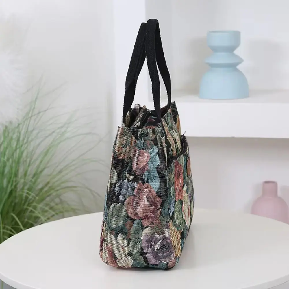 Portable Floral Print Women's Tote Bag Canvas Large Capacity Lunch Bag Zipper Thickened Jacquard Handbag