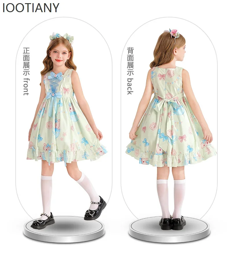 CosplayChildren's Sweet And Cute Girl Lolita Square Neck Bow Pink Rabbit Print Sleeveless Lace Girl Princess Dress Cosplay Costu