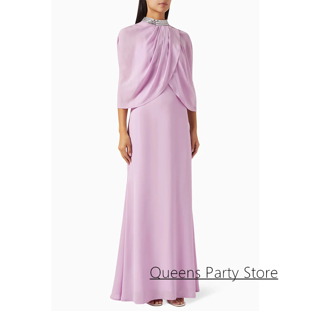 Simple Chiffon Evening Dress with Cape Customized Strapless Sleeveless Crystal Ankle Length Saudi Arabian Prom Dresses