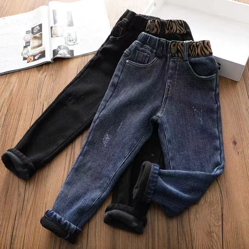 

Children's Thickened One Piece Elastic Slim Fit And Warm Casual Pants For Small Feet Girls Plush Jeans For Autumn And Winter