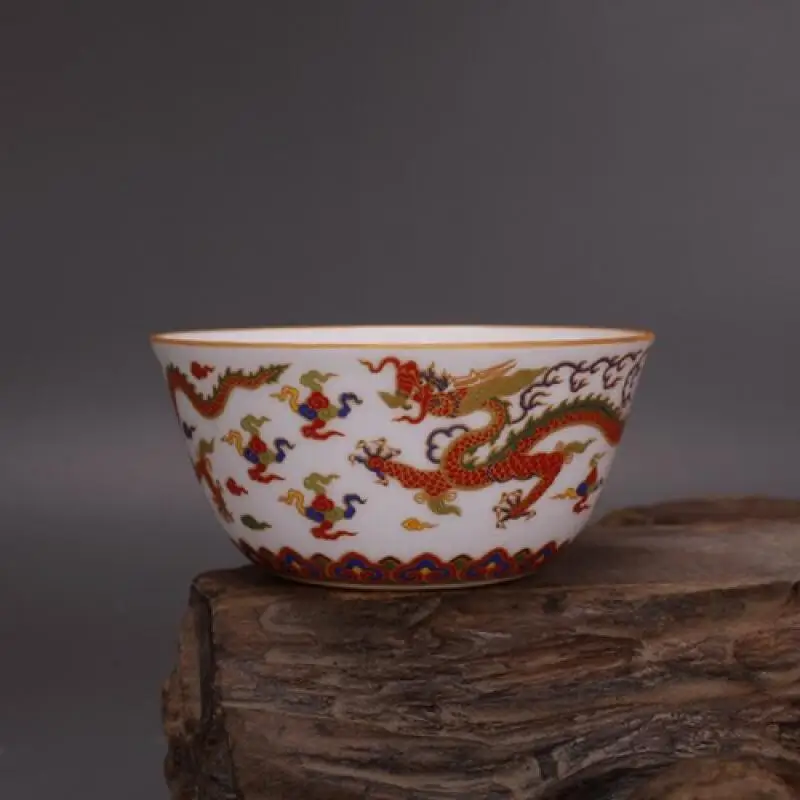 

3.4" Collect Chinese Colour Enamels Porcelain Red Glaze Gild Dragon Cup