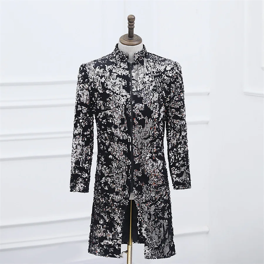 Men Luxury Velvet Sequins Long Blazer Suit Jacket Stand Collar Zipper Glitter Middle Length Tuxedo Coat Male Party Stage Clothes