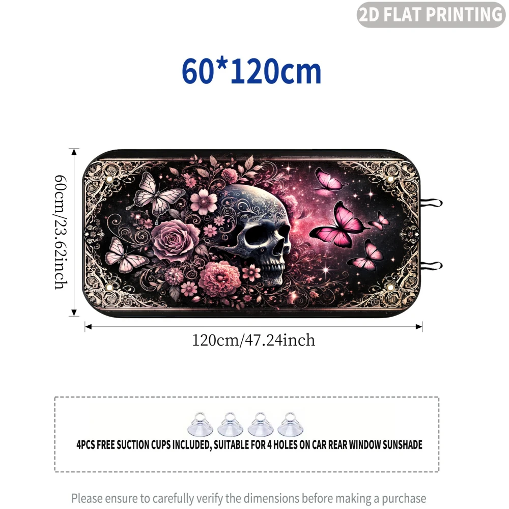 2D FLAT Printing 1pc Car Rear Window Sunshade Skull Roses Butterflies Floral Pattern, 4 Suction Cups, Block Sunlight