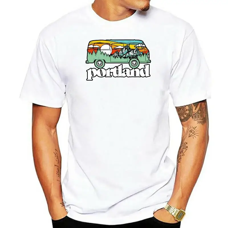 Retro Portland Oregon Hippie Van Mountains Trees Sun T-Shirt