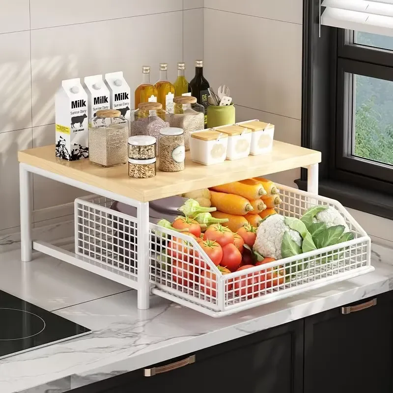 Kitchen Metal Vegetable Storage Rack Vertical Countertop Fruit Organizer Microwave Oven Pot Bowl Seasoning Tool Holder