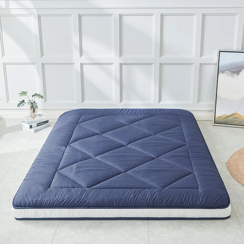 Japanese Floor Mattress Futon Mattress, Thicken Sleeping Mattress Foldable & Portable Roll Up Camping Mattress, Blue Queen