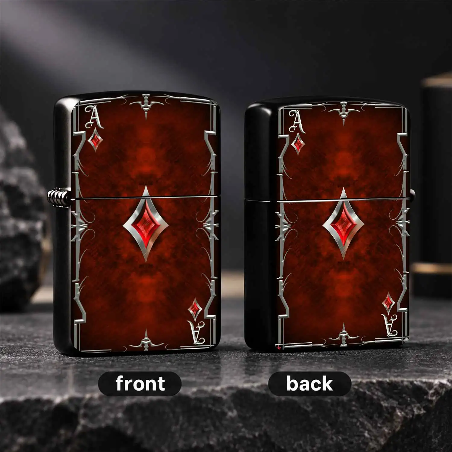 Gothic Ace Of Diamonds Themed Refillable Vintage Durable Housinglic Printing High Gloss Cool Igniter Deep Red Textured Background Exquisite Decorative Portable Durable Pocket For Daily Use Gifting A Fun And Humorous Lighter