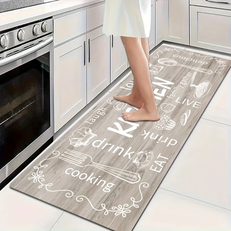 Alfombra de pasillo con cita de vida rústica para cocina de estilo granja, estampado de utensilios con vetas de madera, tapete absorbente antideslizante para sala de estar y entrada