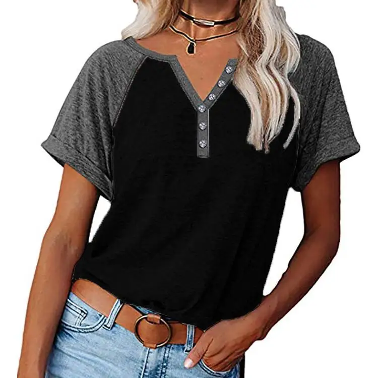 Women's Color Blo T-irt Collar Decoration ort Sve Loose Fit Polyester Casual Top Summer Faion Ladies' Tee