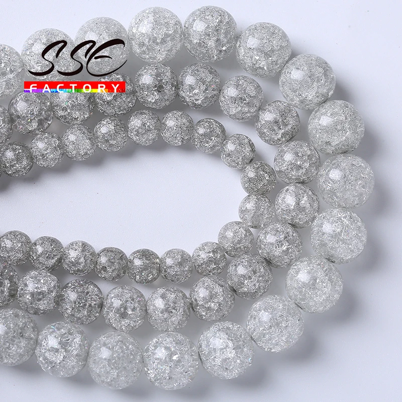 Natural Gray Snow Cracked Quartz Crystal Glass Beads Round Loose Beads For Jewelry Making DIY Bracelets Necklacs 6 8 10 12mm 15\