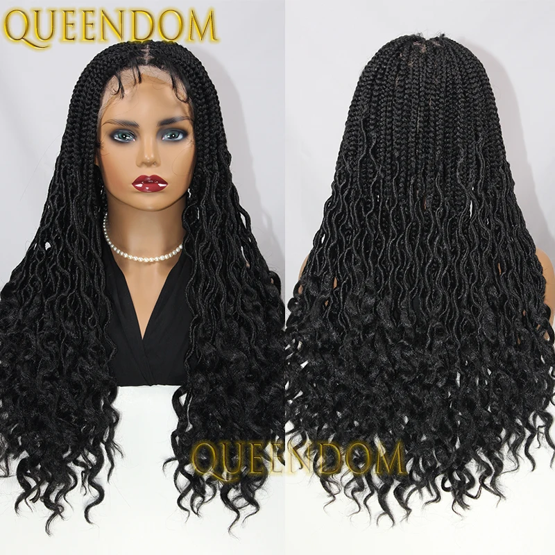 Full Lace Synthetic Box Braids Wig 24 Inch Cornrow Plaits Crochet  Braided Wig with Curly Ends Faux Locs French Curl Braid Wig