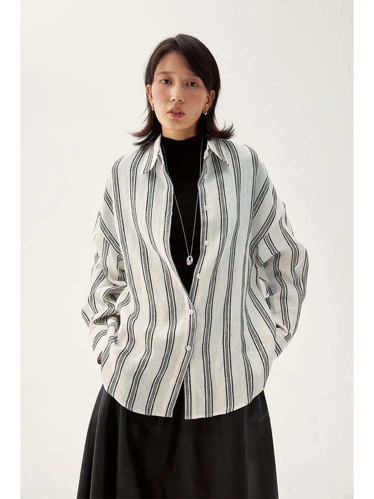 

UMILAB Thiened Linen Texture Classic Striped irt H30 Women's Casual Sle Loose Fit Long Sve Breathable Comfortable