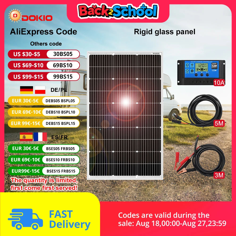 Pannelli solari DOKIO 18V 100W/Kit monocristallino da 100 W Pannello fotovoltaico impermeabile da 100 Watt per camper/casa/batteria 12V