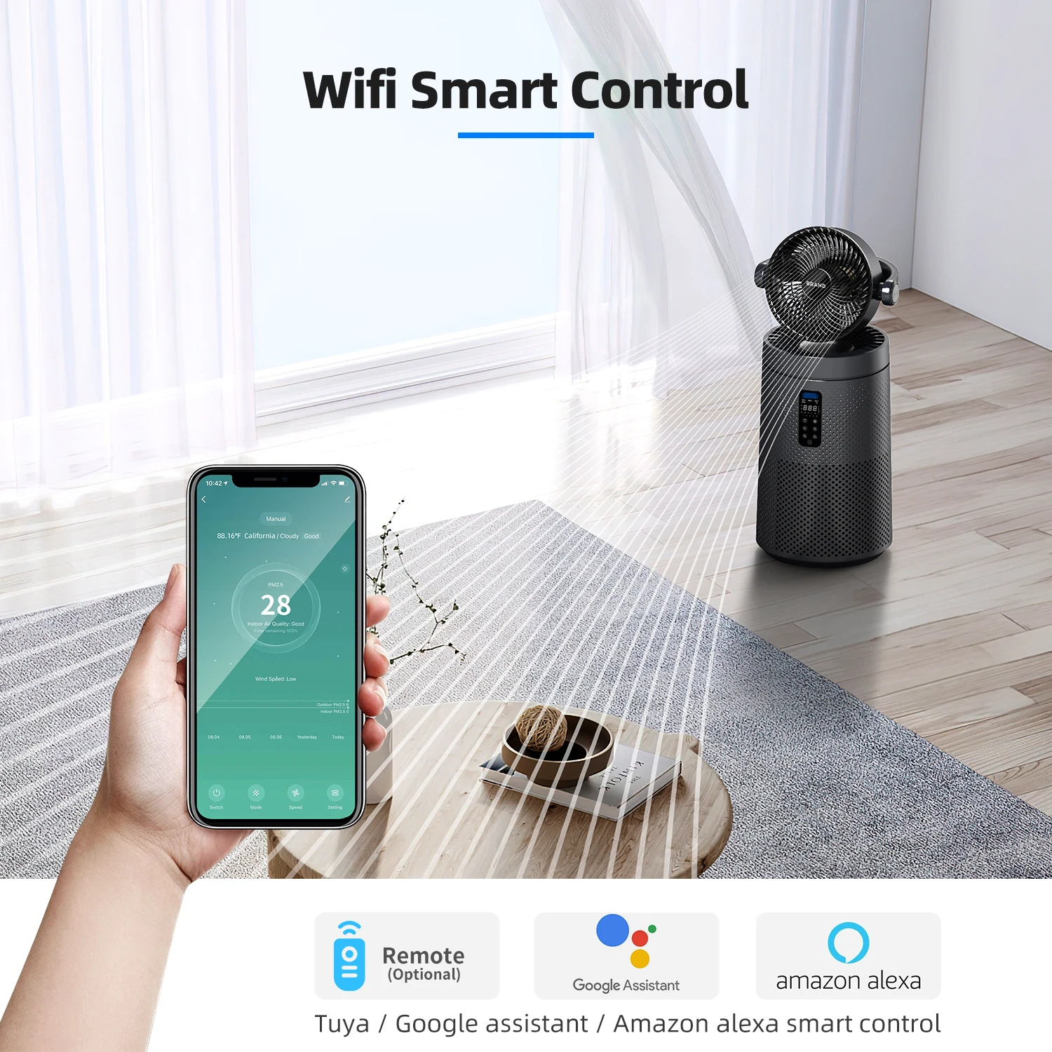 Smart Intelligent Tuya Wifi Control Portable Plug in 400 CADR Hepa Ventilation Filters Household Large Oxygen air Purifier Fan