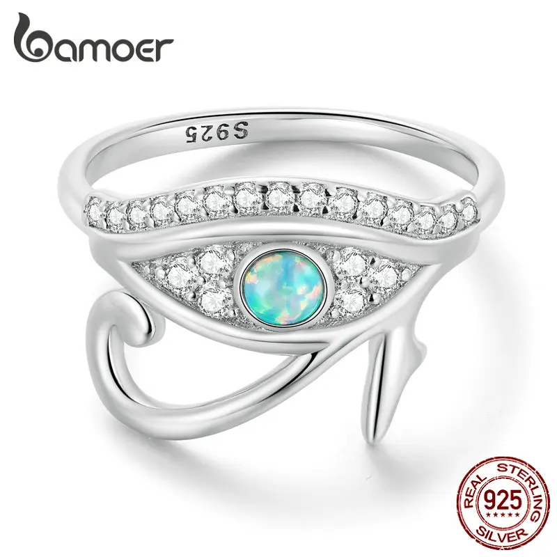 Bamoer 925 Sterling Silver Blue Opal Lucky Eye of Horus Ring Pave Setting CZ for Women Birthday Gift Fine Jewelry BSR403