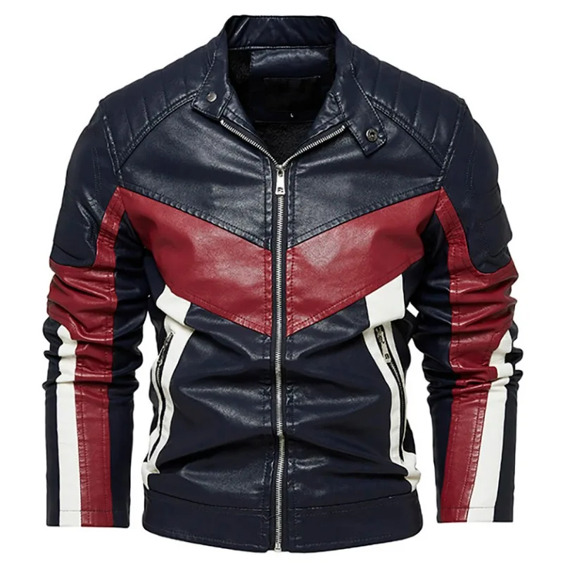 KIDWHXR 2026 Man Leather Coat Autumn Winter Streetwear Punk Contrast Color Male Outerwear Thicken Fleece Warm Men Jacket