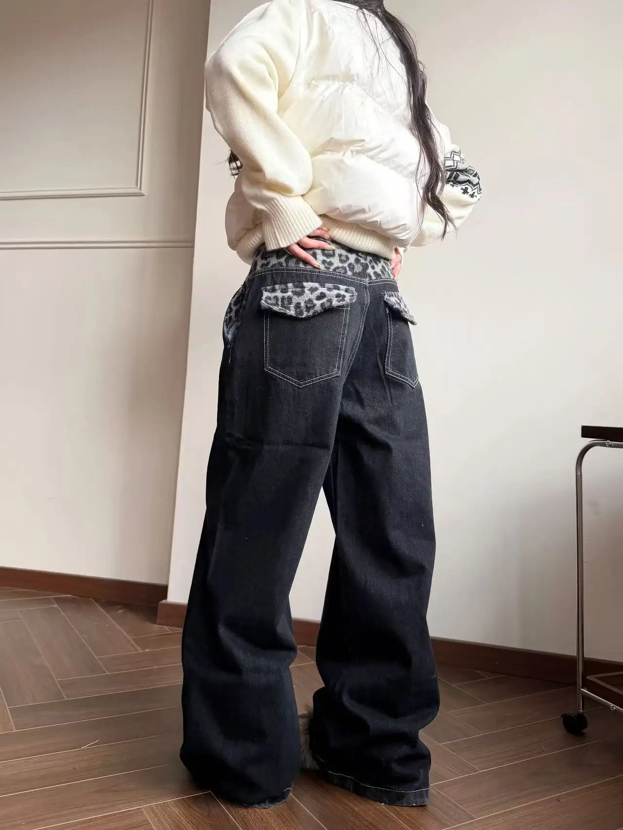 

Американские ретро-джинсы с высокой талией, прямые, повседневные, с леопардовым принтом, свободного кроя, дышащие, удобные, на все сезоны