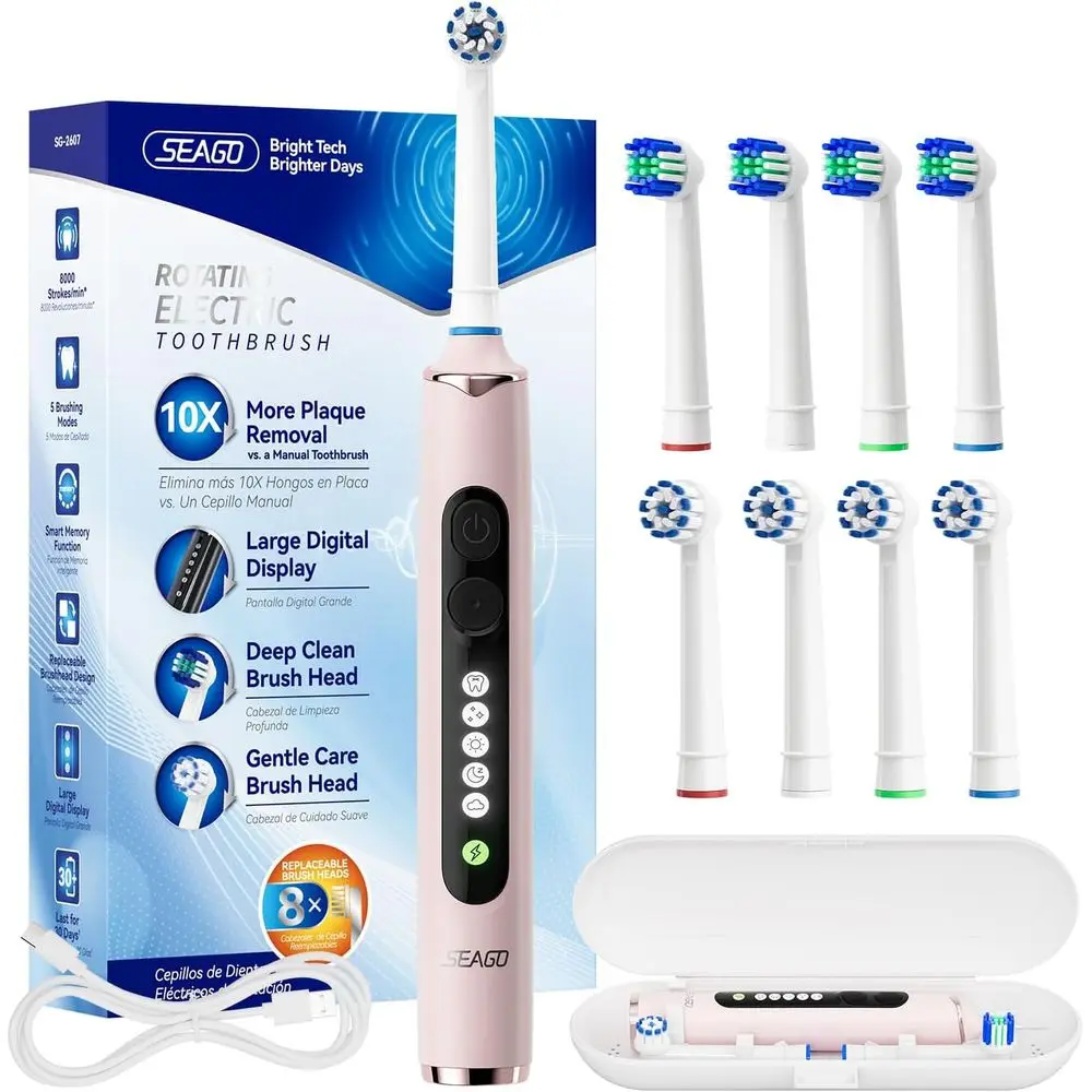 

Электрическая зубная щетка круглой формы с 8 сменными насадками, 5 режимами, перезаряжаемая, с таймером и дорожным чехлом для взрослых и детей - розовая