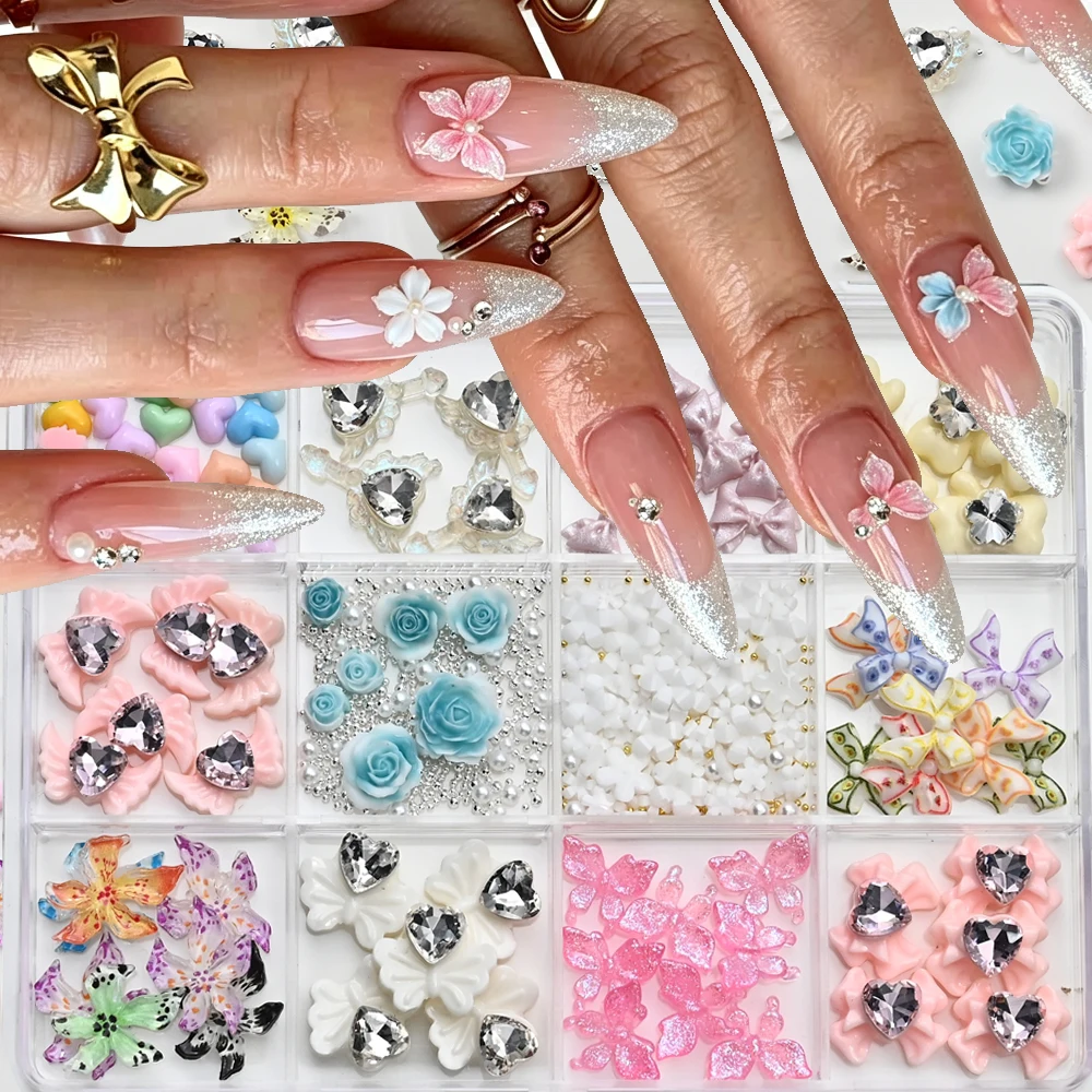 12Grid/box Clear/Pink Crystal Heart Bow&Butterful Nail Charms 3D Kawaii Macaron Love Heart/Lily&Five Petal Flower Nail Art Decor