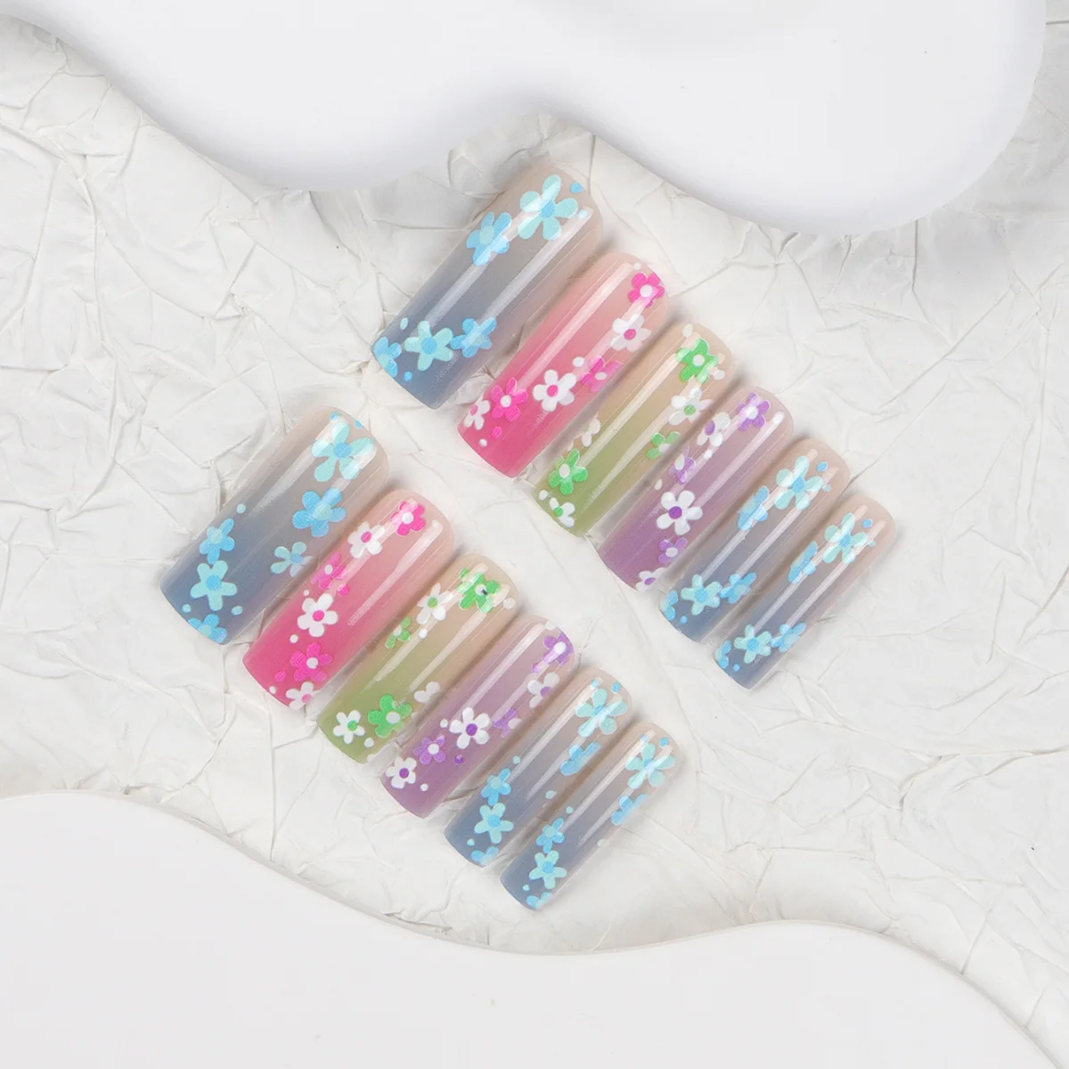 24 Pieces Ladies' Coffin Shaped French Style Fake Nails Artificial Multi-Color Flower Gradient Press on Nails