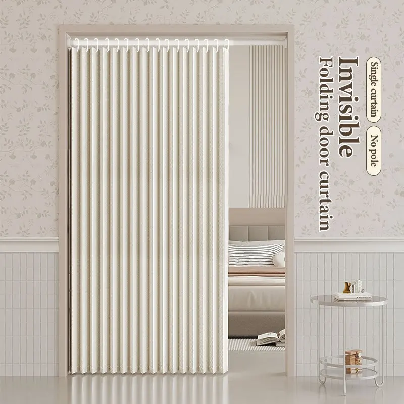 No Drilling Hidden Folding Door Curtain, Thick Fabric, Air Conditioner Isolation, Blackout Thermal,Easy Care for Kitchen Bedroom