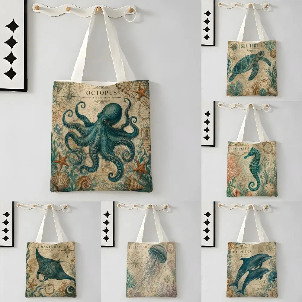 Vintage-style sea turtle and whale Print Storage Bags Large Capacity Canvas Bag for Female Students Tote Mommy Bag