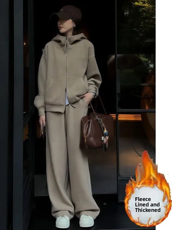 

Fashionable Sportswear Set Women's Thickened Fleece Hoodie Wide Leg Pants Casual Two-Piece Autumn Winter Leisure Outfit