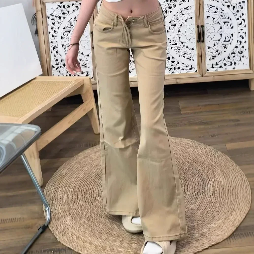 

Retro American Spicy Girl Low Waist Khaki Denim Pants Women Loose Fit Slimming Versatile Simple Bell Bottom Long Trousers