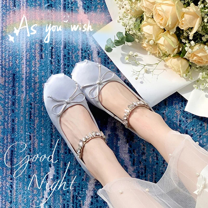 Ladies Round Toe Flats Woman Bowtie Silk Ballets Shoes Female Loafers Wedding Brides Shoes Rhinestone Band Mary Janes