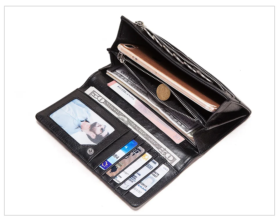 KAVIS 100% Echtes Leder Frauen Geldbörsen Lange Mit Handy Halter Weibliche Handliche Brieftasche Für Mädchen Dame Geld Tasche – Detail 19