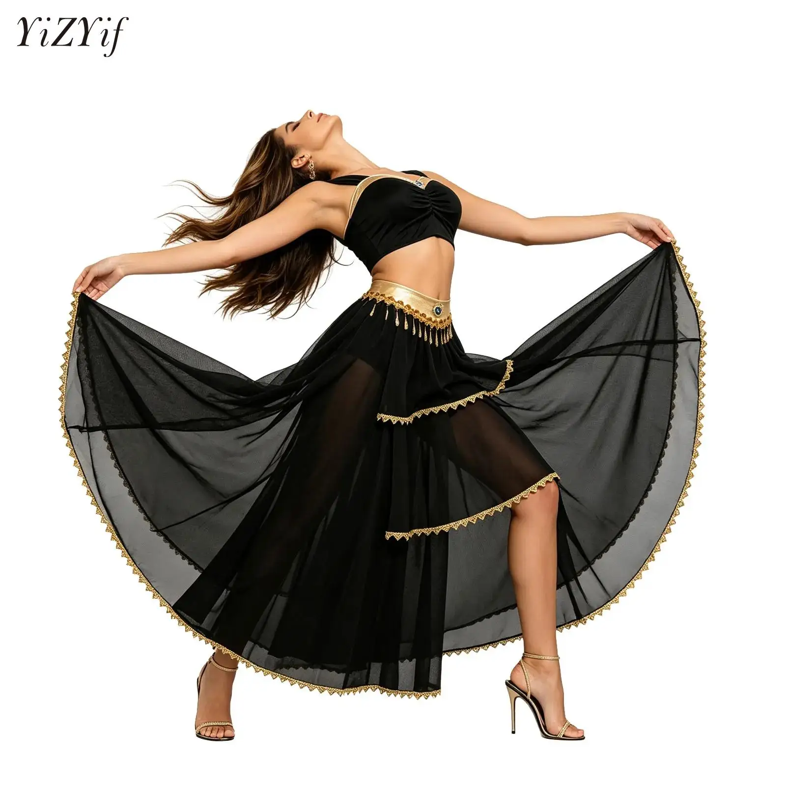 Women India Dance Costume Gem Decor Sleeveless Crop Top and Tassel Tiered Ruffled Chiffon Maxi Skirt Ethnic Belly Dance Outfit
