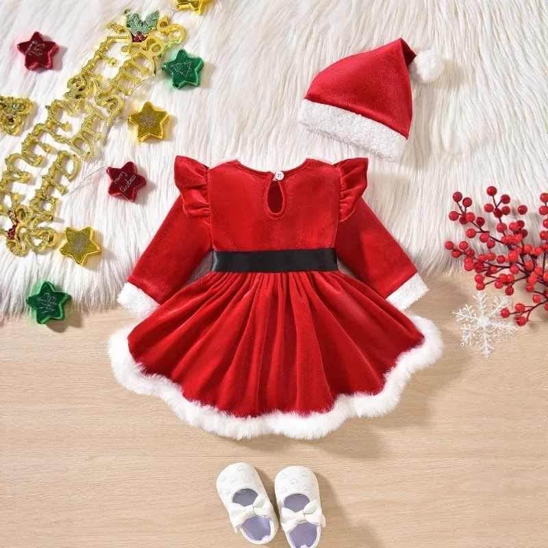 Winter Baby Girl Clothes Christmas Costume Romper Cute Fluffy Long Flying Sleeve Jumpsuits Playful Newborn Girls Party Dresses
