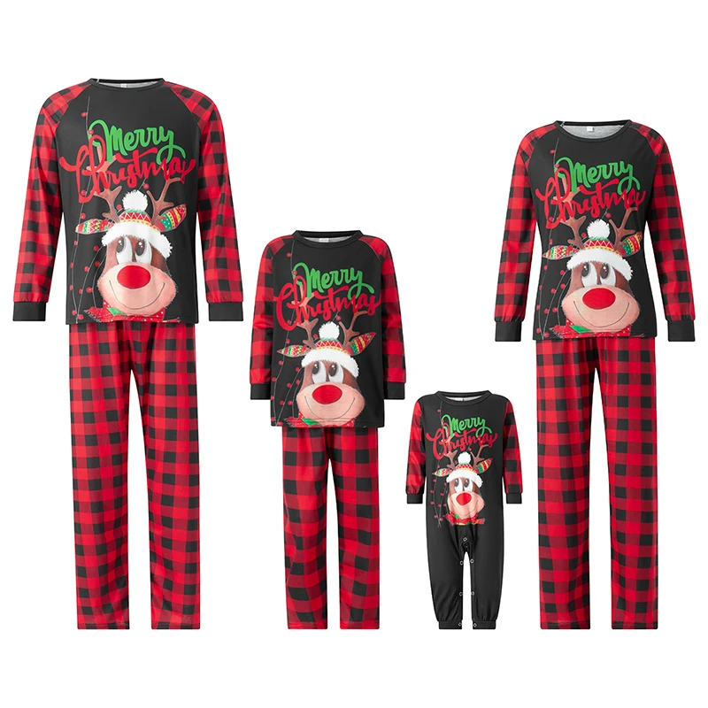 

Christmas Family Matching Pajamas Set Reindeer Print Tops with Plaid Bottoms Sleepwear for Adults Kids Babies - Festive