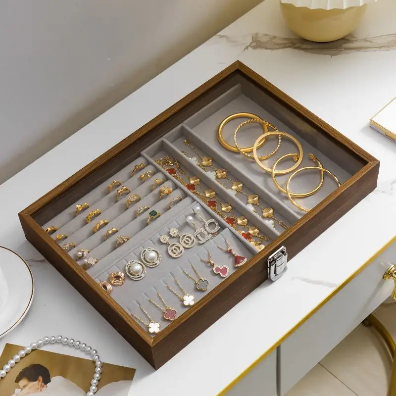 Jewelry Organizer Box Wooden with Glass Lid Anti-Dust, Storage Containers for Necklace Bracelet Ring Earrings, Home Display Case