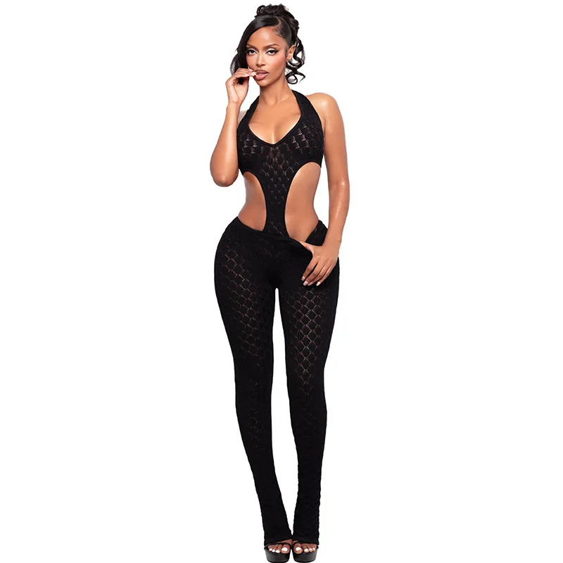 

Сексуальный облегающий комбинезон из трикотажа с глубоким V-образным вырезом и прозрачными вставками, однотонный.