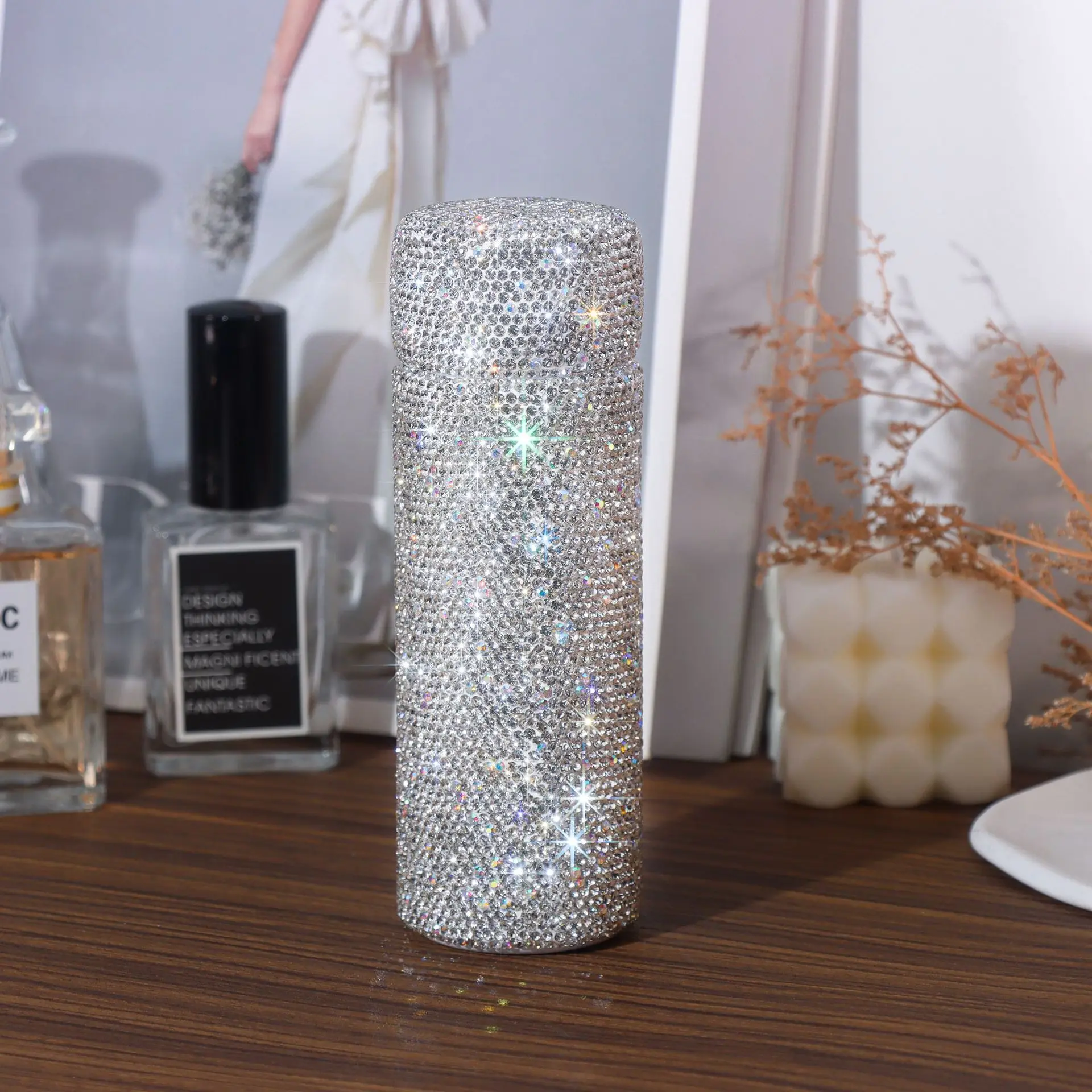 Diamond-encrusted portable high-value stainless steel water cup mini creative car straight cup thermos cup Internet celebrity