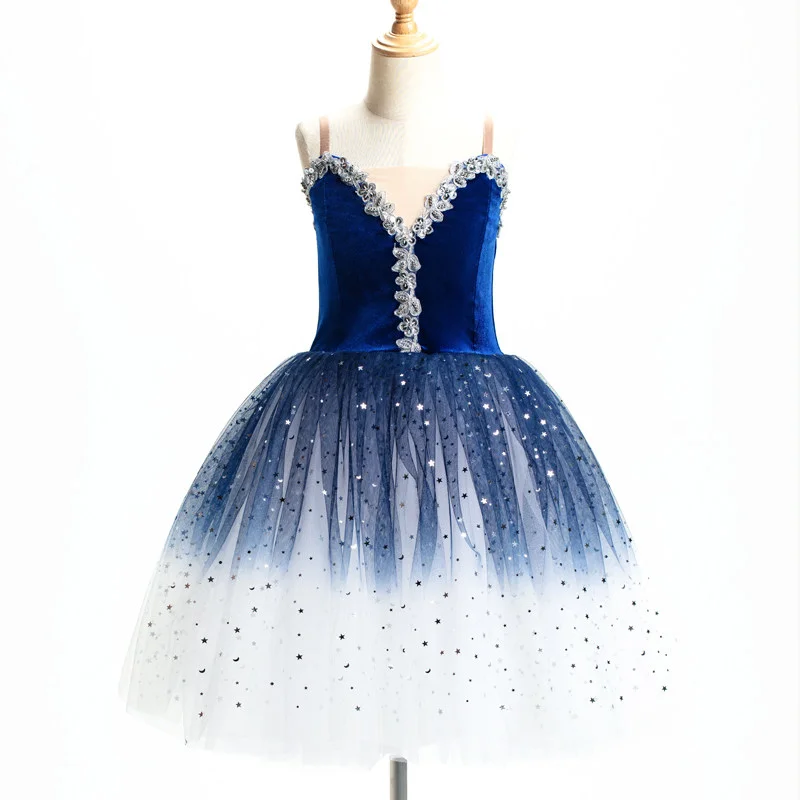 Girls' Blue Velvet Ballet Dress Gradient for Stage Banquet & Dance Recitals Dance Collective Program Skirt Performance Clothing