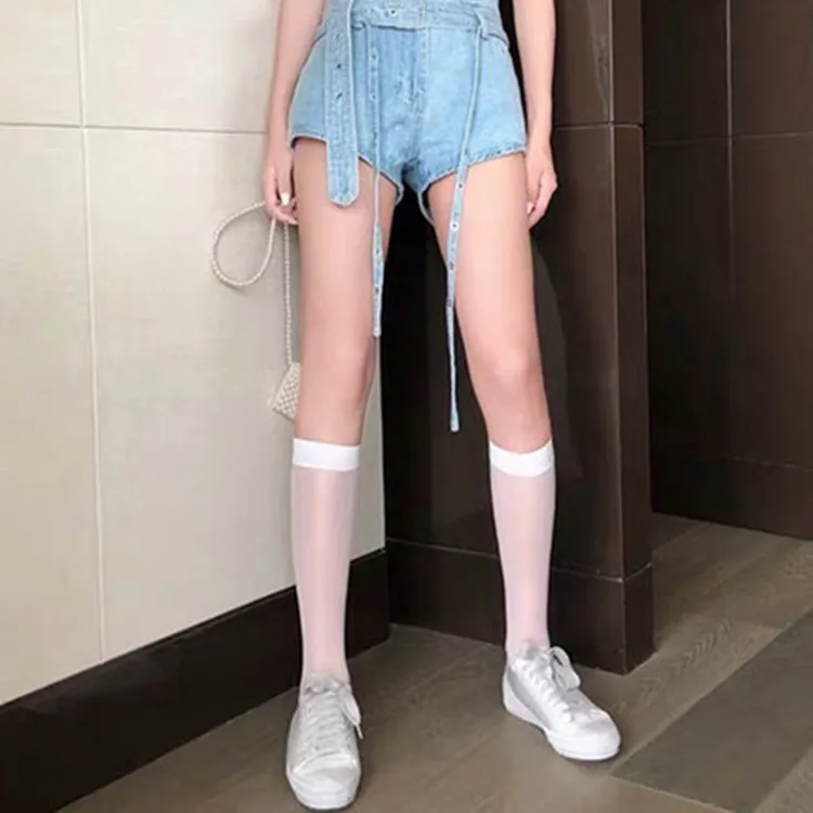 Tube JK Mädchen sehen durch weiße schwarze lange Socken 1/2 Paar Lolita Seiden socken Nylon über dem Knie hohe Student Kawaii Strümpfe – Detail 3