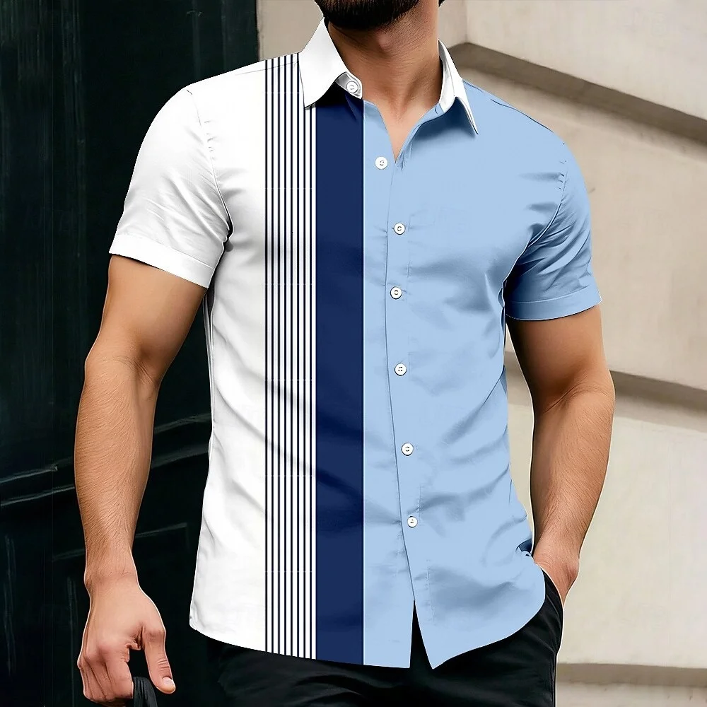 

New men's summer casual refreshing striped printed button-down shirt, short-sleeved men's fashionable summer shirt