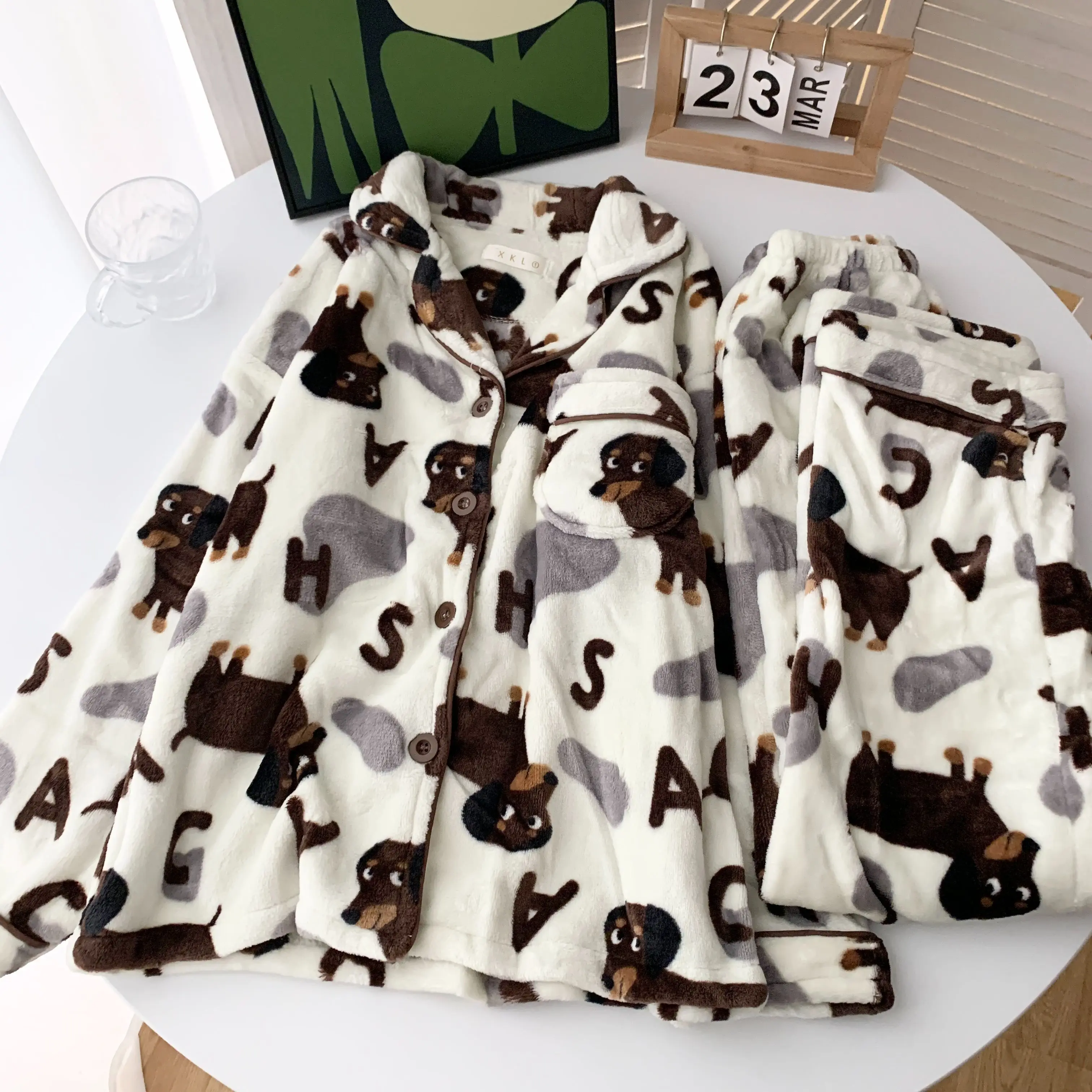 Fall Winter 2024 Women\'s Pajamas Cute Dachshund Print Fleece Thick Two Pieces Set Nightgown Lounge Teckel Long Sleeve Pants N901