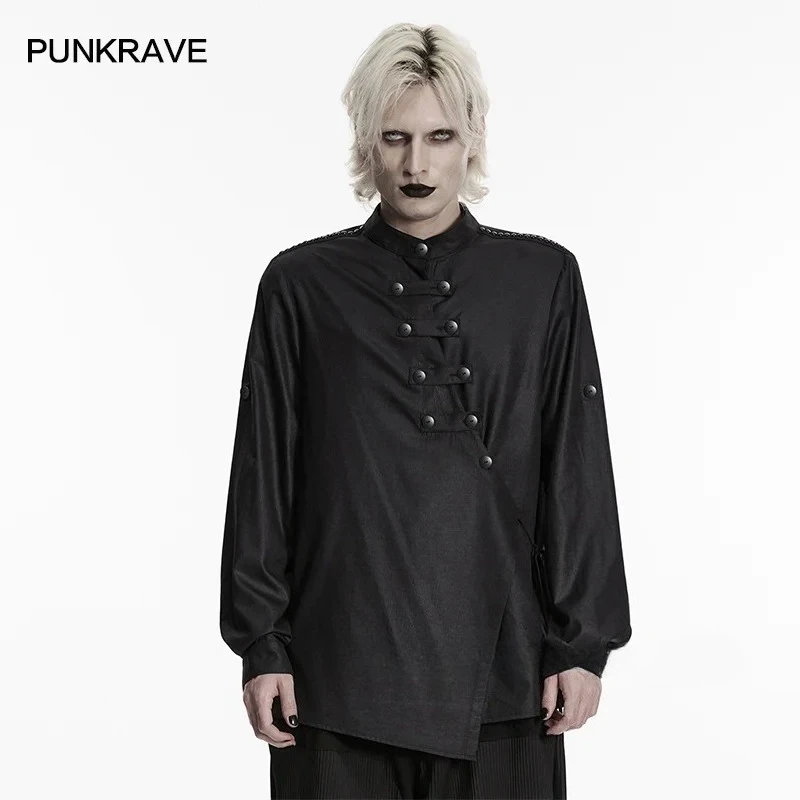 PUNK RAVE Men's Dark Punk Calendered Woven Asymmetric Placket Shirt Rebellious Feeling Rivets Decorative Personalized Top