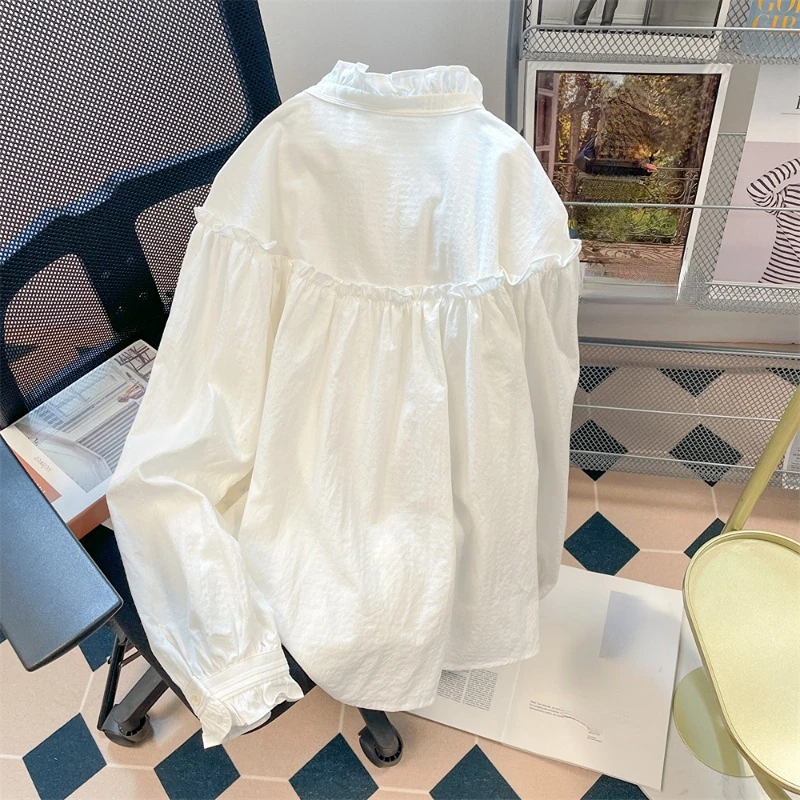 French Elegant Shirts Stand Neck Puff Sleeve Ruffles Patchwork Blouses Solid Color Lace Up Spring Women Clothes All Match Tops