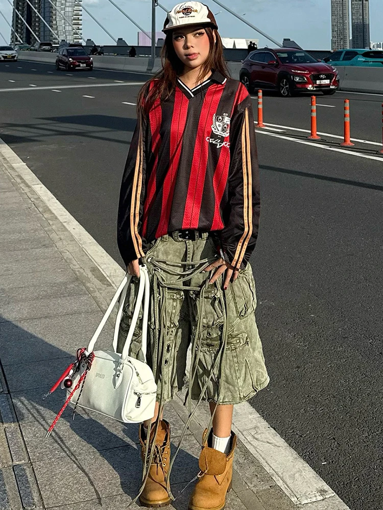 Sisterlinda T-shirt con stampa distintivo a righe sportive da donna Vedi attraverso maniche lunghe con scollo a V Patchwork Casuals Street Stretch Trend Tees