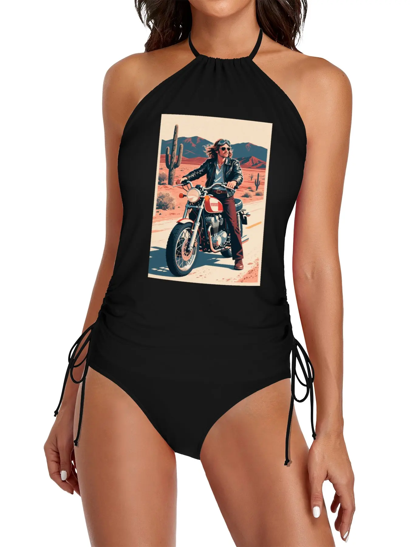 

Vintage 70s Biker Illustration in Hope Style Split Swimsuit Set Black swimsuit Women beach