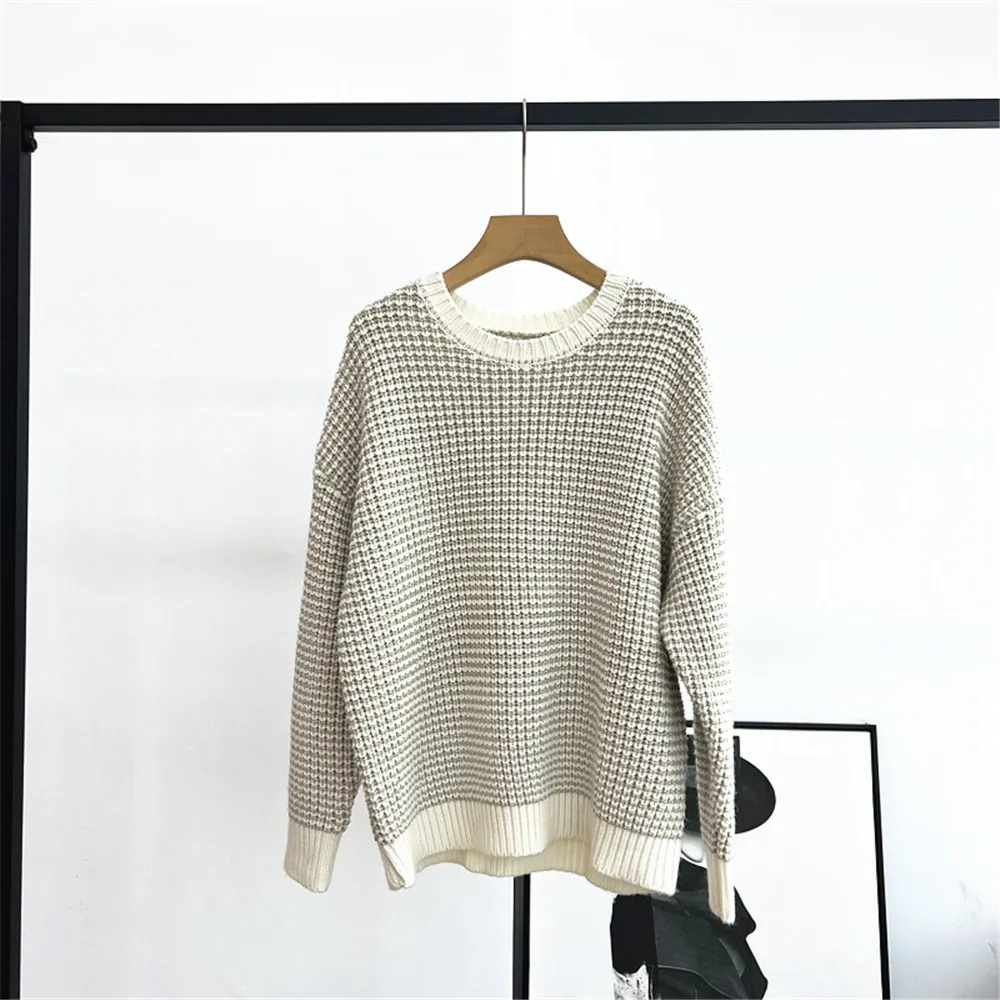 

25 Autumn/Winter Women's Round Neck Long Sleeve Splicing Flash Silk Loose Cashmere Blended Knitted Pullover