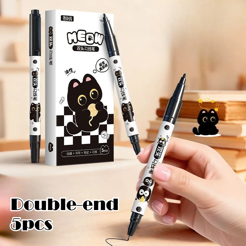 5 Stück Doppelspitzen-Zeichenstift mit feiner Linie, wasserfest, schwarzes Katzen-Design zum Skizzieren, Manga-Kunststudenten-Marker
